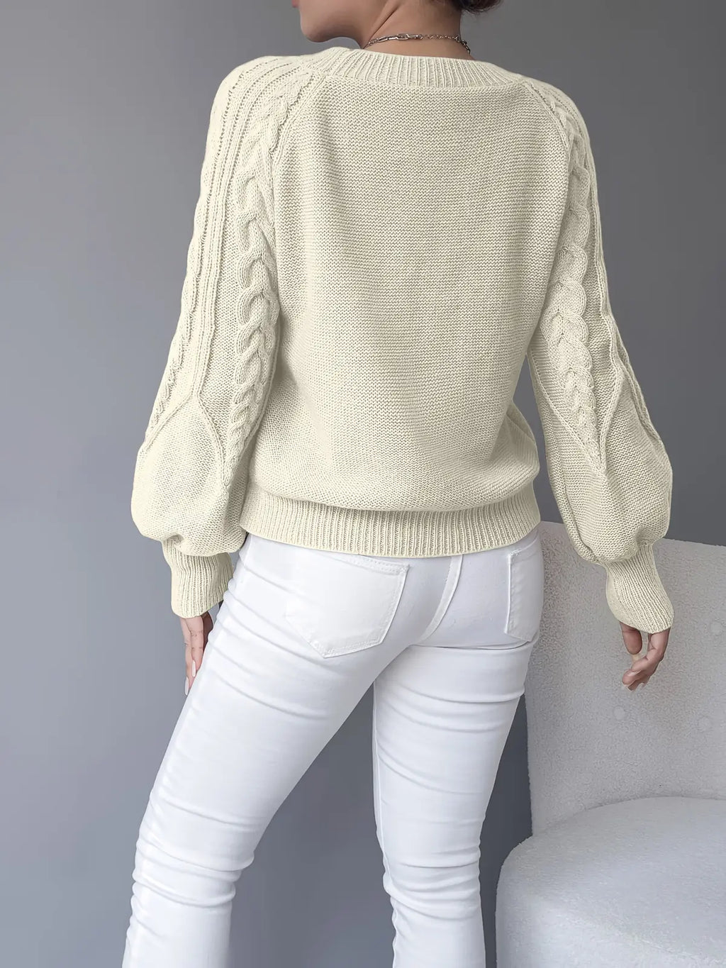 Cable Knit Sweater – Khaki Balloon Sleeve Knit Jumper