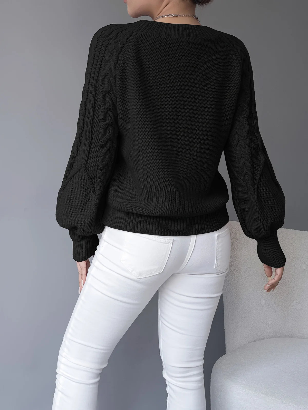Cable Knit Sweater – Khaki Balloon Sleeve Knit Jumper