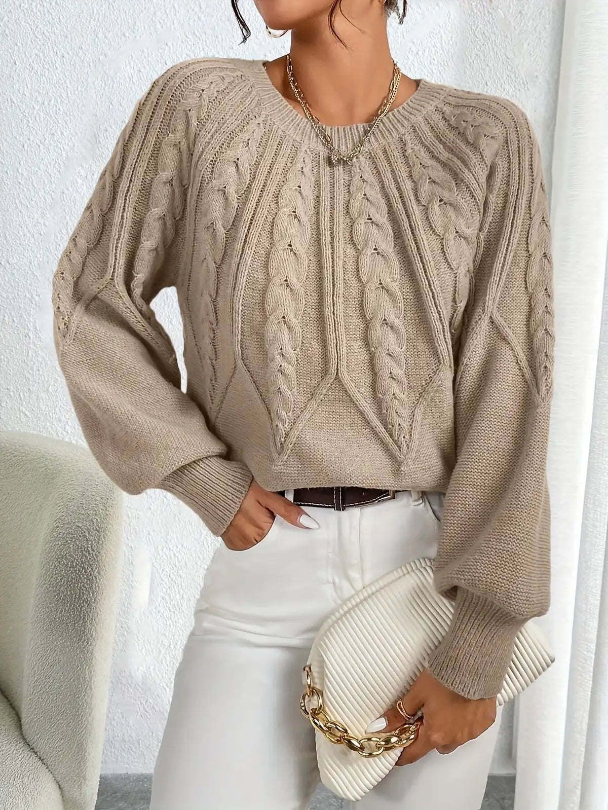 Cable Knit Sweater – Khaki Balloon Sleeve Knit Jumper
