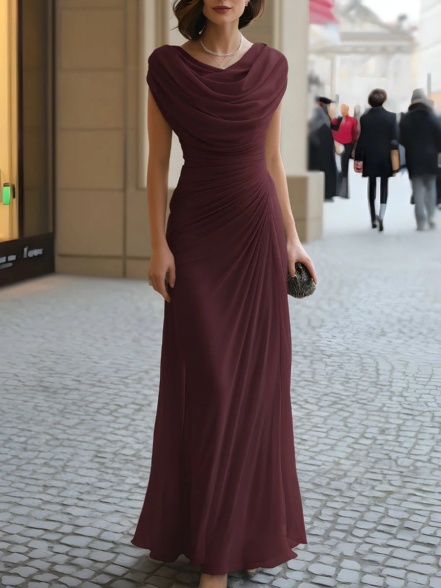 Chiffon Maxi Dress – Burgundy Cowl-Neck Ruched Sleeveless