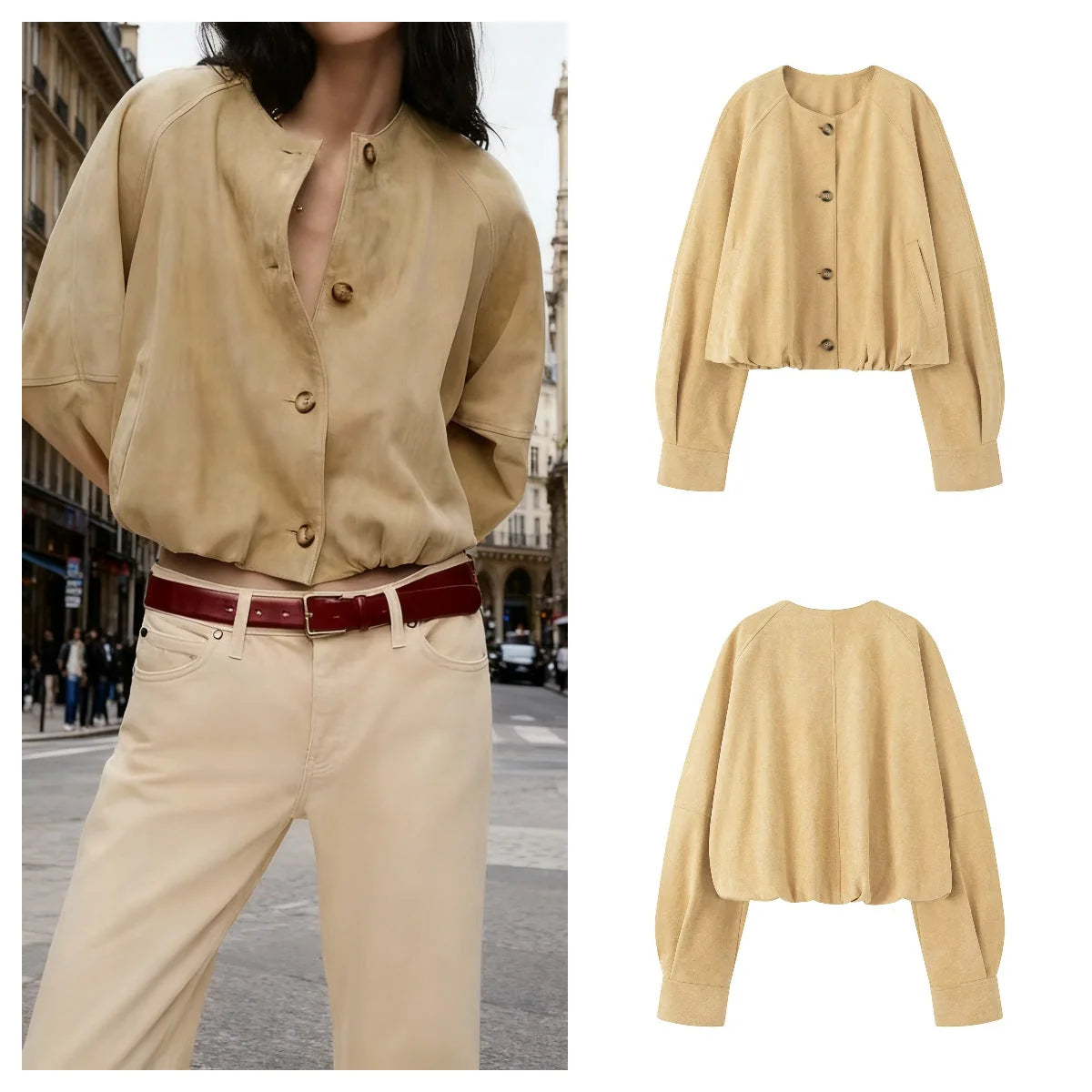 Cropped Velour Jacket Balloon Sleeve