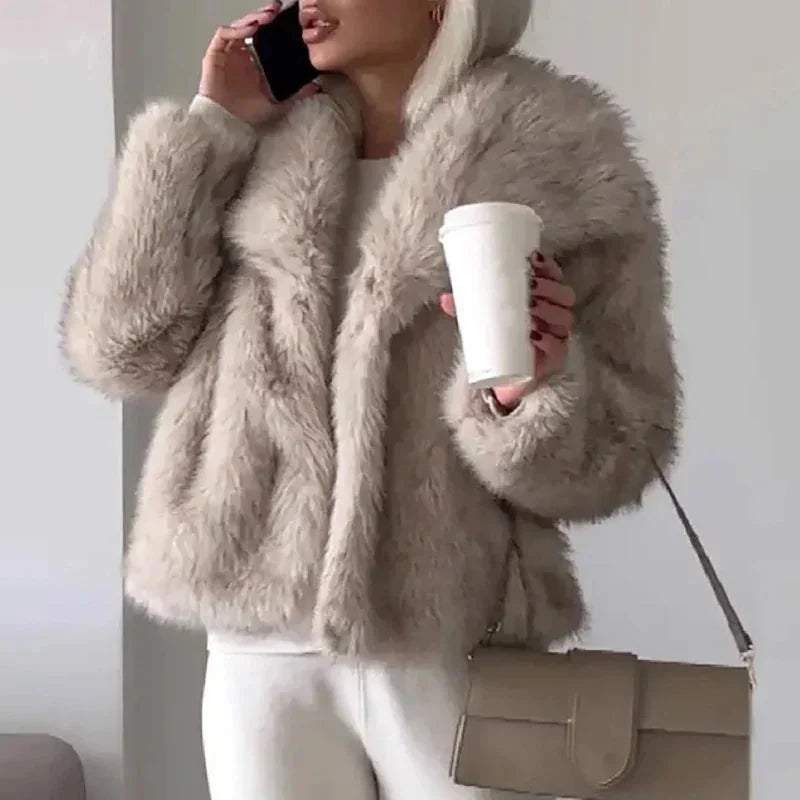 Faux Fur Coat – White Cropped Plush Winter Jacket
