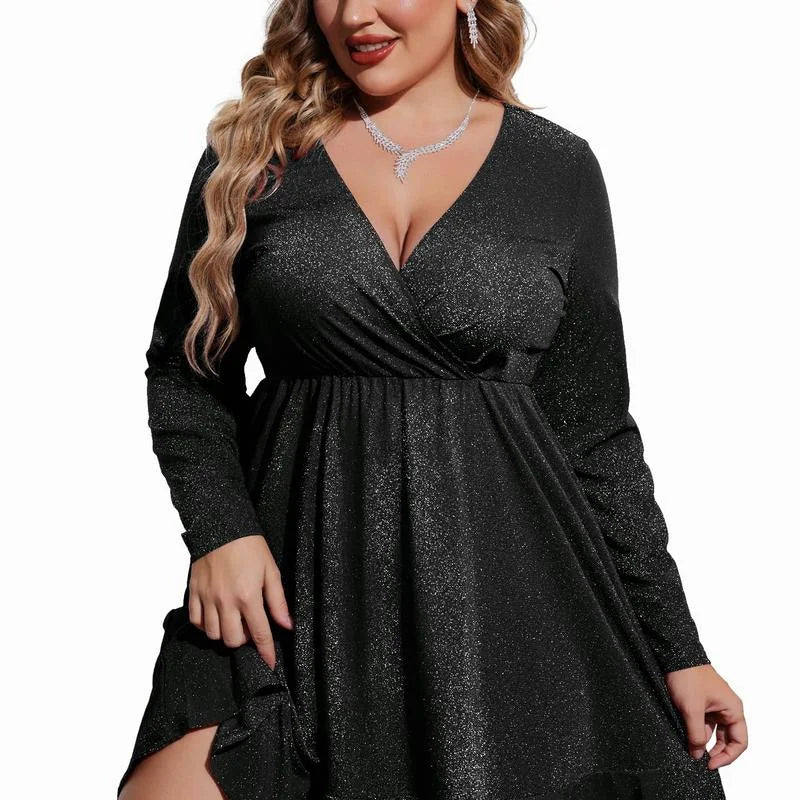 Glitter Cocktail Midi Dress Long Sleeve V Neck
