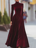 Holiday Dress – Burgundy Velvet Mock-Neck Long-Sleeve Maxi
