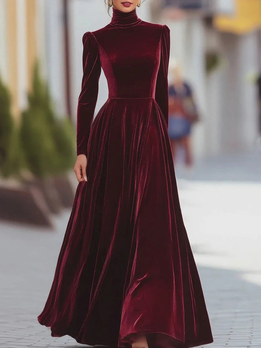 Holiday Dress – Burgundy Velvet Mock-Neck Long-Sleeve Maxi