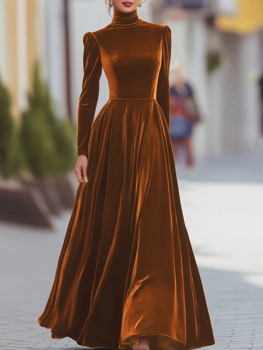 Holiday Dress – Burgundy Velvet Mock-Neck Long-Sleeve Maxi