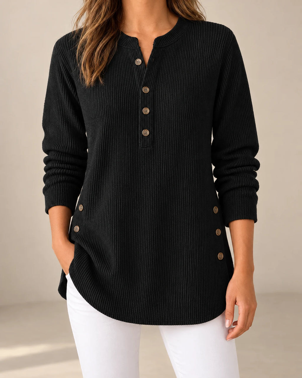 knit henley top women – Black