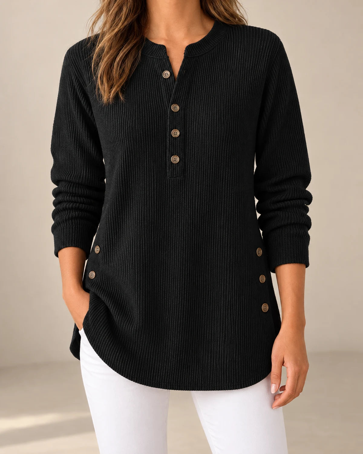 knit henley top women – Black