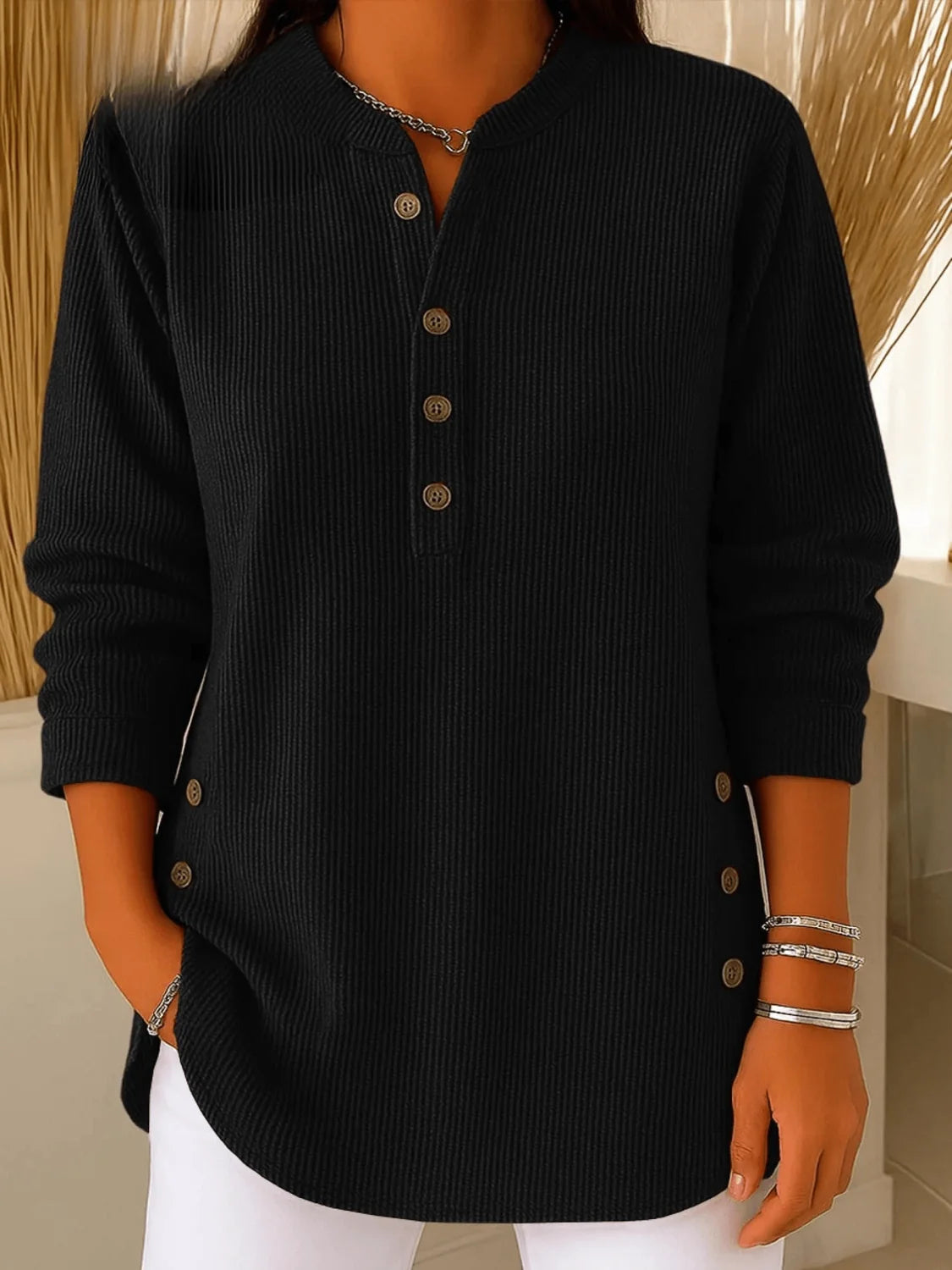 knit henley top women – Black