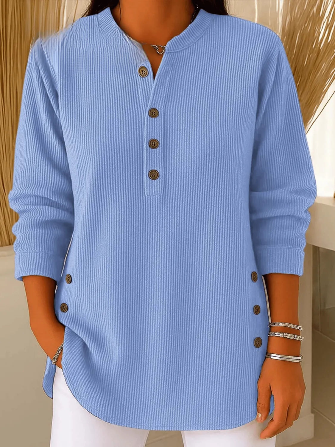knit henley top women – Blue