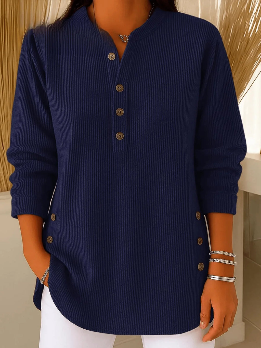 knit henley top women – Navy