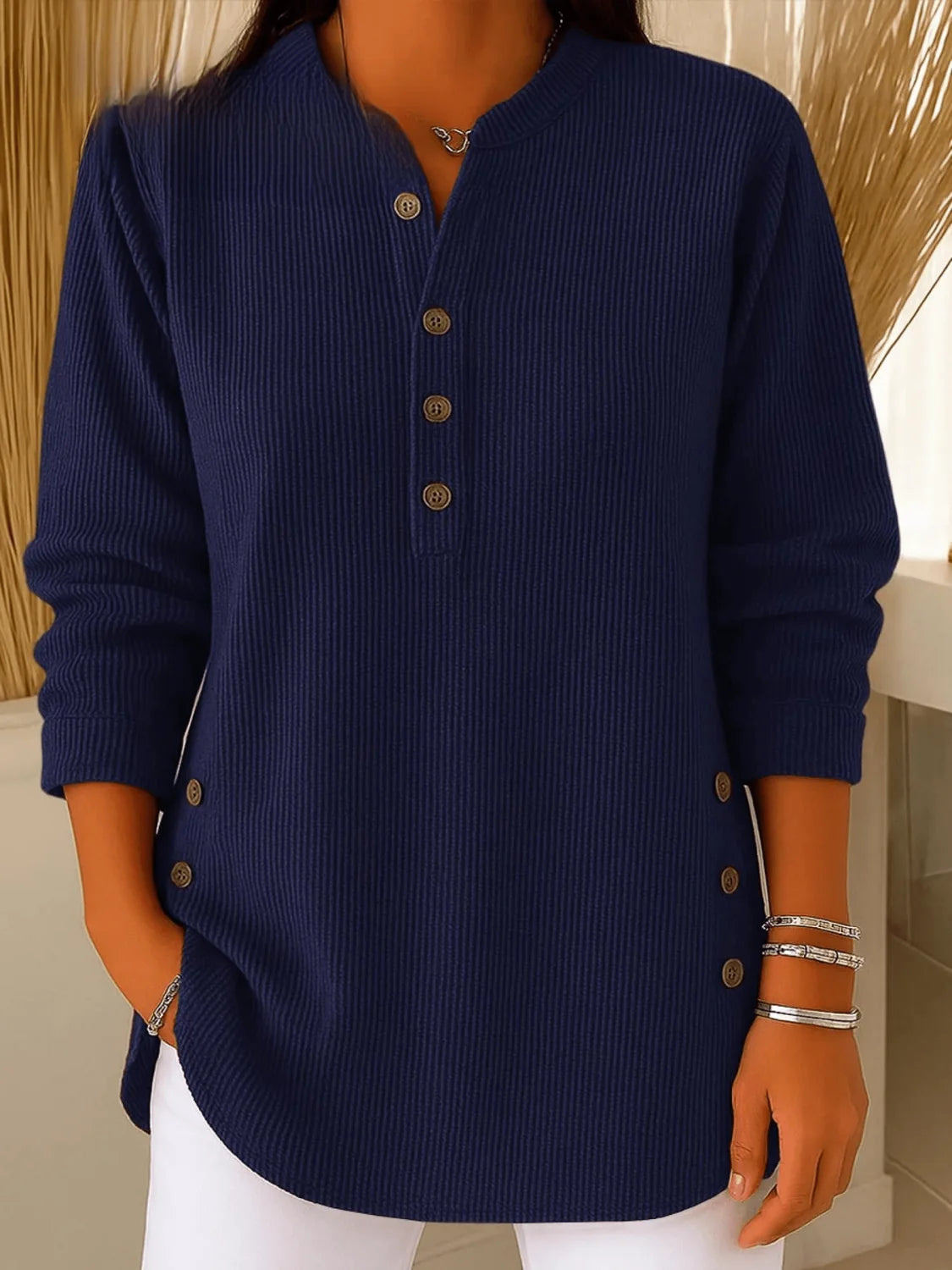 knit henley top women – Navy
