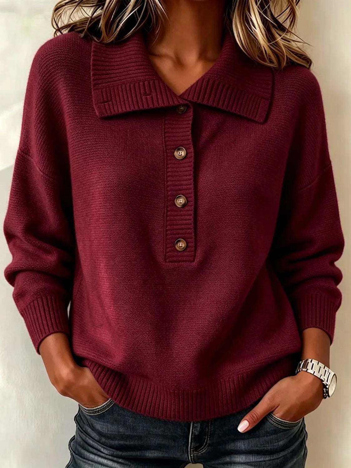 knit henley – Wine Red