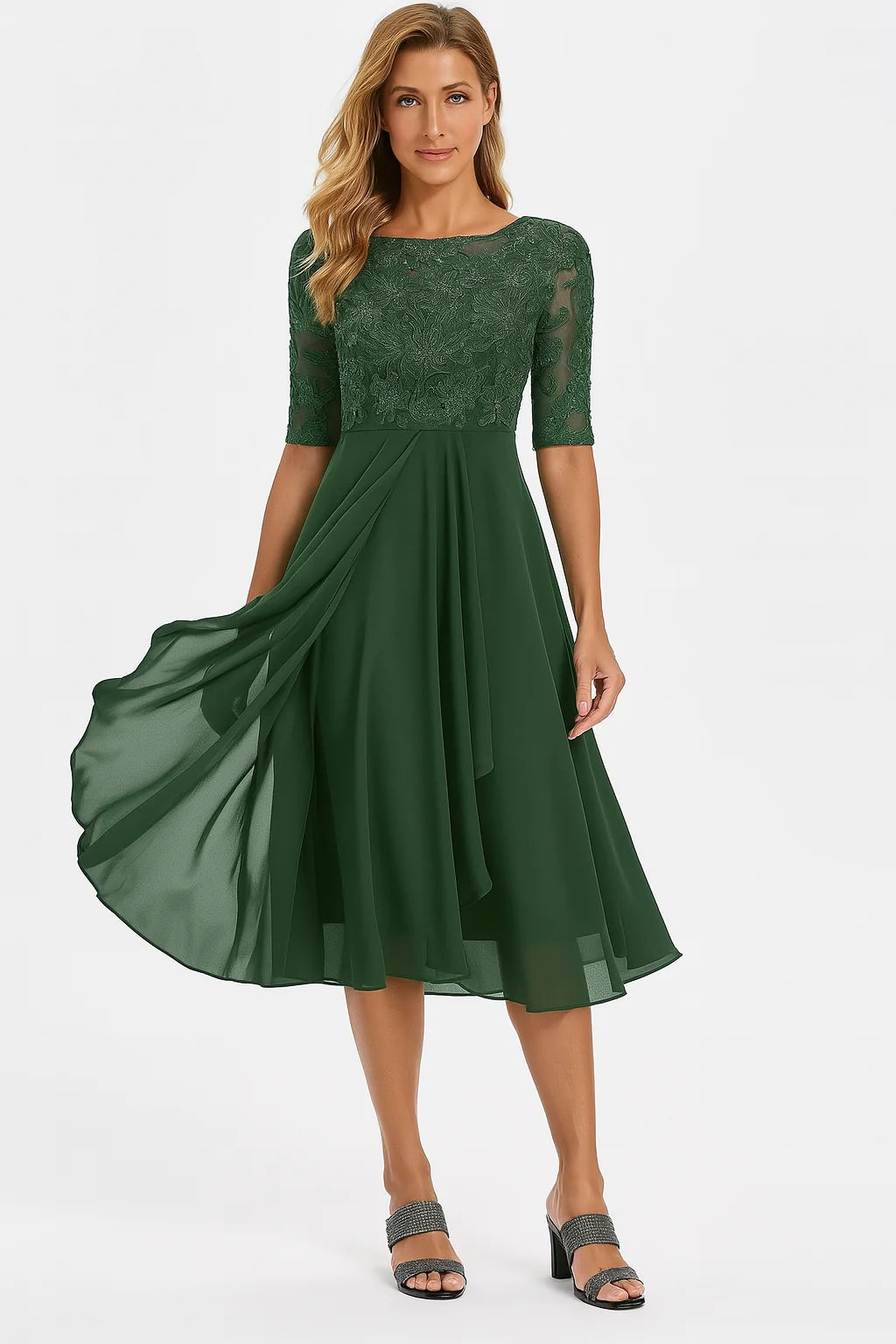 Lace Midi Dress with Sheer Sleeves