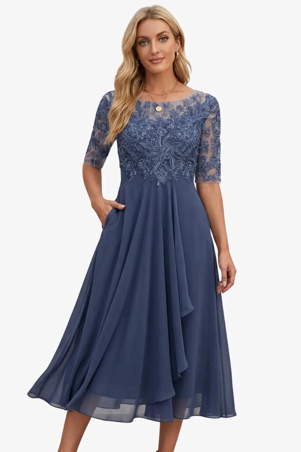 Lace Midi Dress with Sheer Sleeves