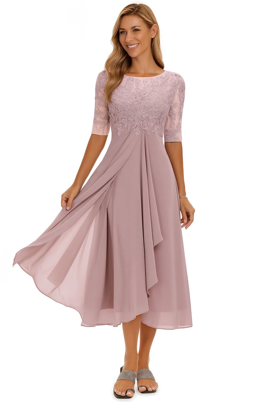 Lace Midi Dress with Sheer Sleeves