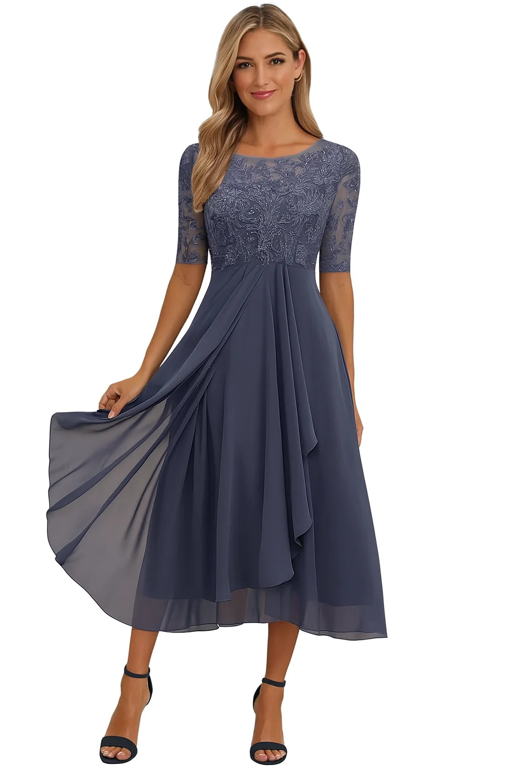 Lace Midi Dress with Sheer Sleeves