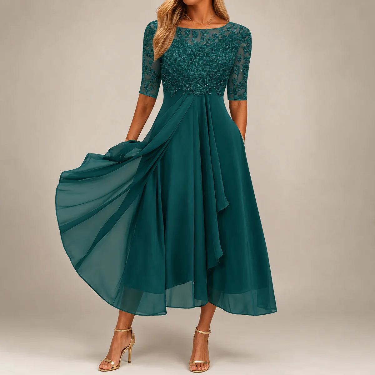 Lace Midi Dress with Sheer Sleeves