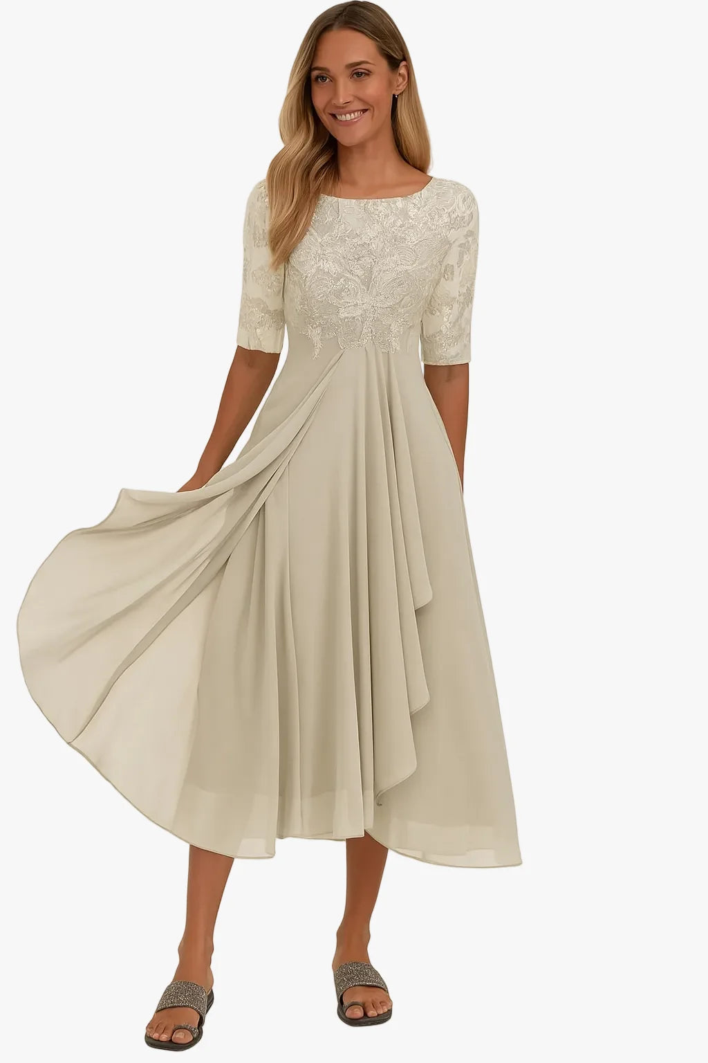 Lace Midi Dress with Sheer Sleeves