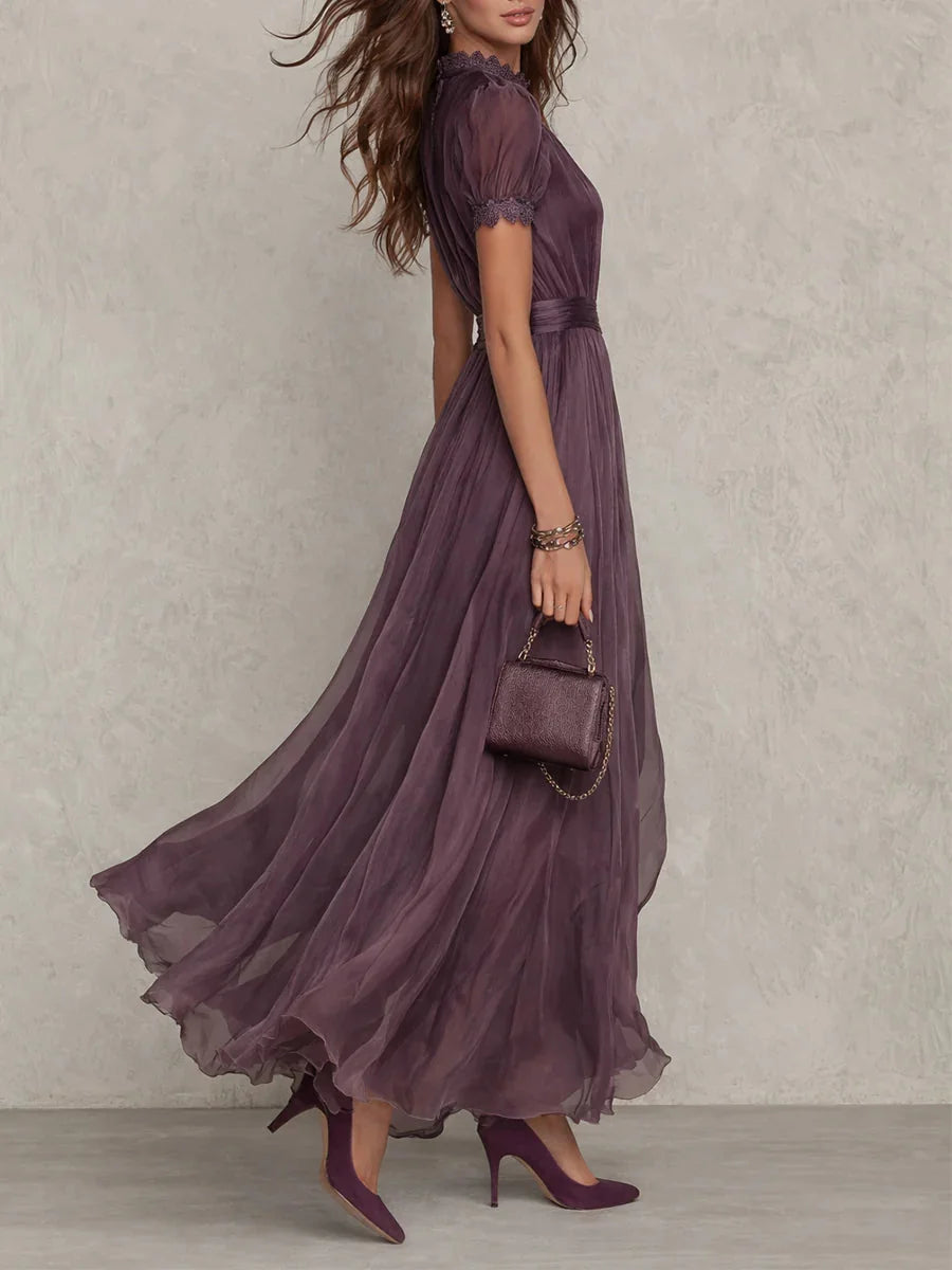 Lace Trim Gathered Waist Maxi Dress