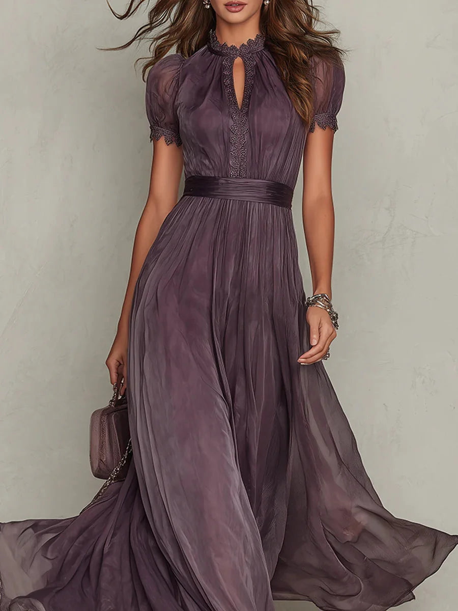 Lace Trim Gathered Waist Maxi Dress