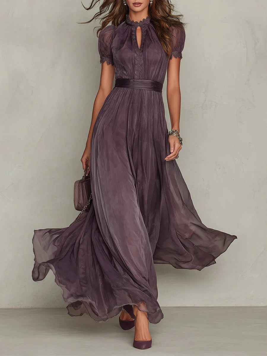 Lace Trim Gathered Waist Maxi Dress
