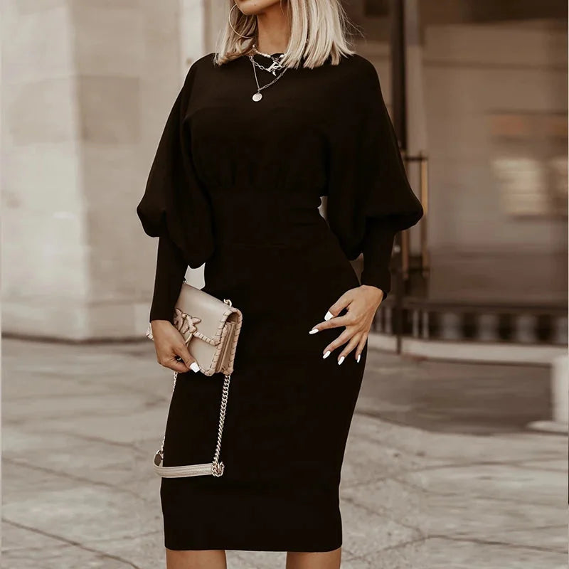Lantern Sleeve Midi Dress Fitted