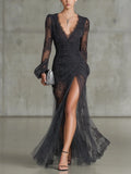 Long Sleeve Lace Maxi Dress with V Neck