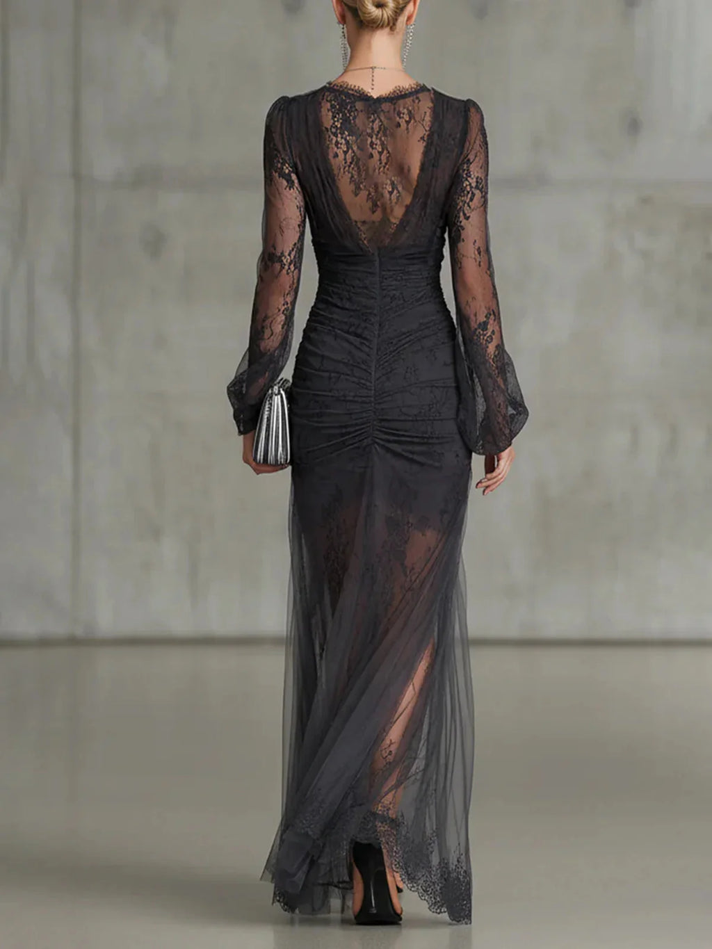 Long Sleeve Lace Maxi Dress with V Neck