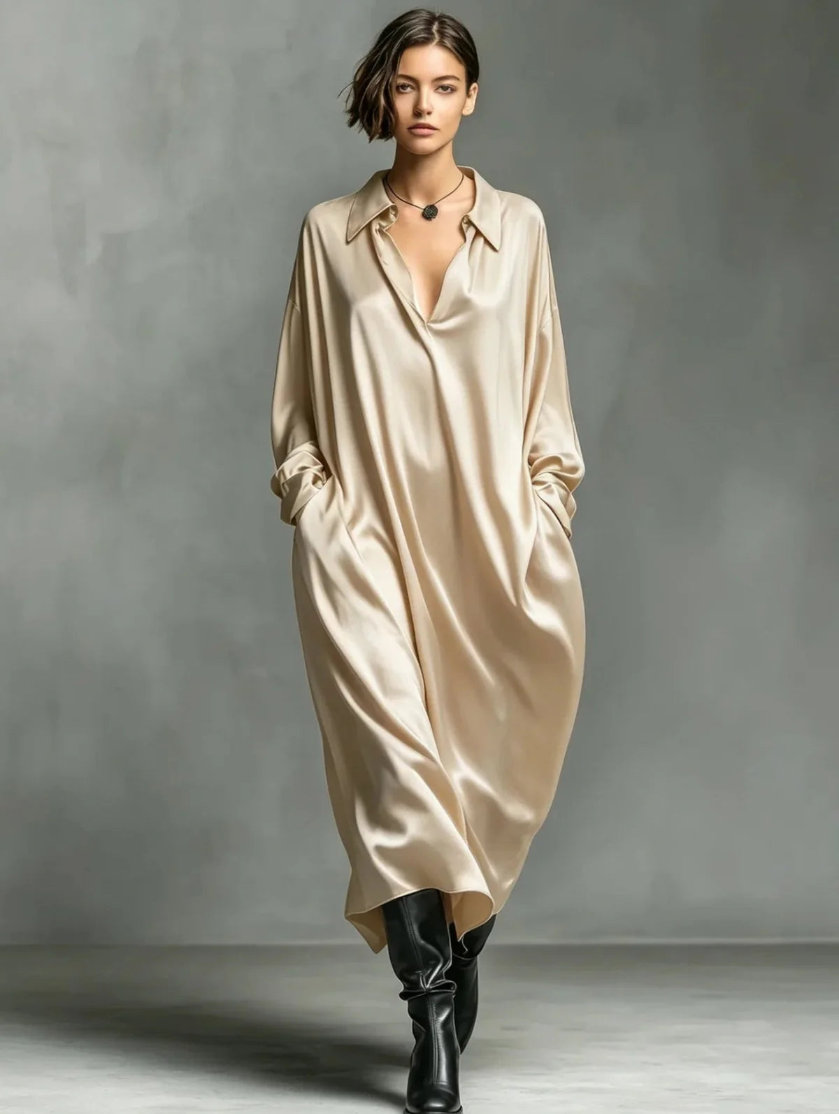 Long Sleeve Satin Maxi Shirt Dress
