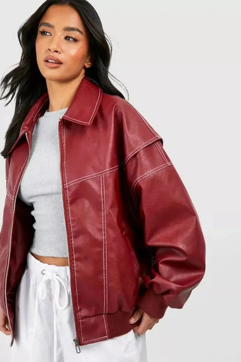 Oversized Bomber Jacket – Wine Red Ribbed Cuffs Zip-Front