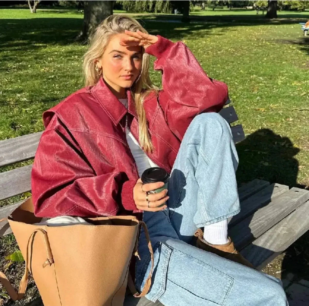 Oversized Bomber Jacket – Wine Red Ribbed Cuffs Zip-Front