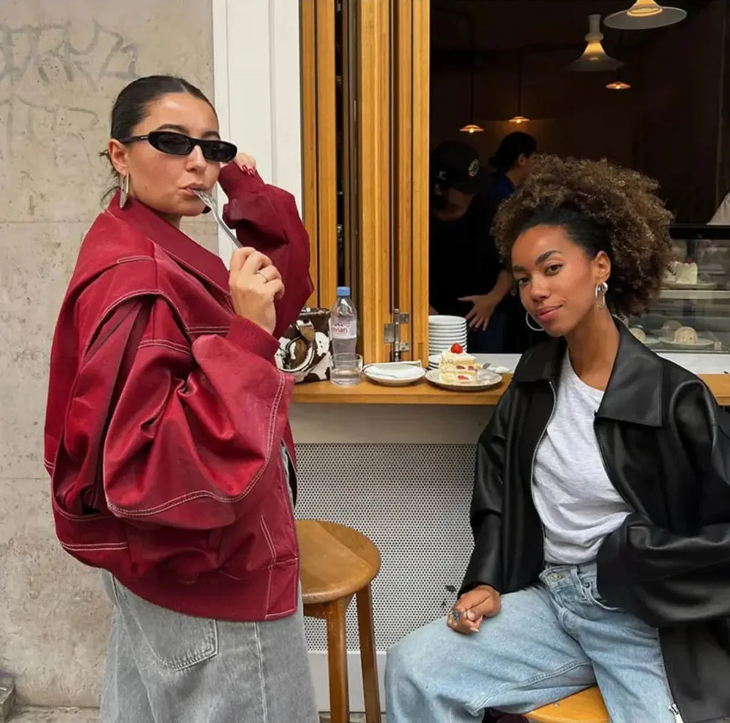 Oversized Bomber Jacket – Wine Red Ribbed Cuffs Zip-Front