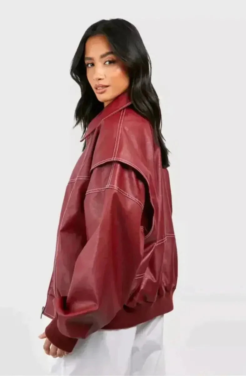 Oversized Bomber Jacket – Wine Red Ribbed Cuffs Zip-Front
