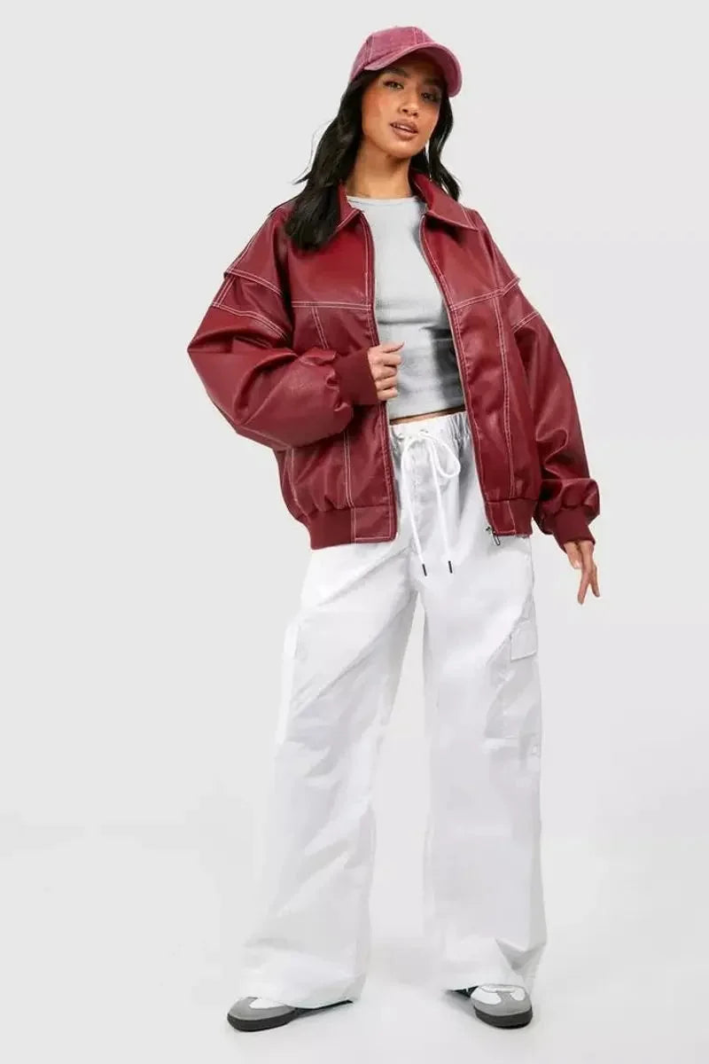 Oversized Bomber Jacket – Wine Red Ribbed Cuffs Zip-Front