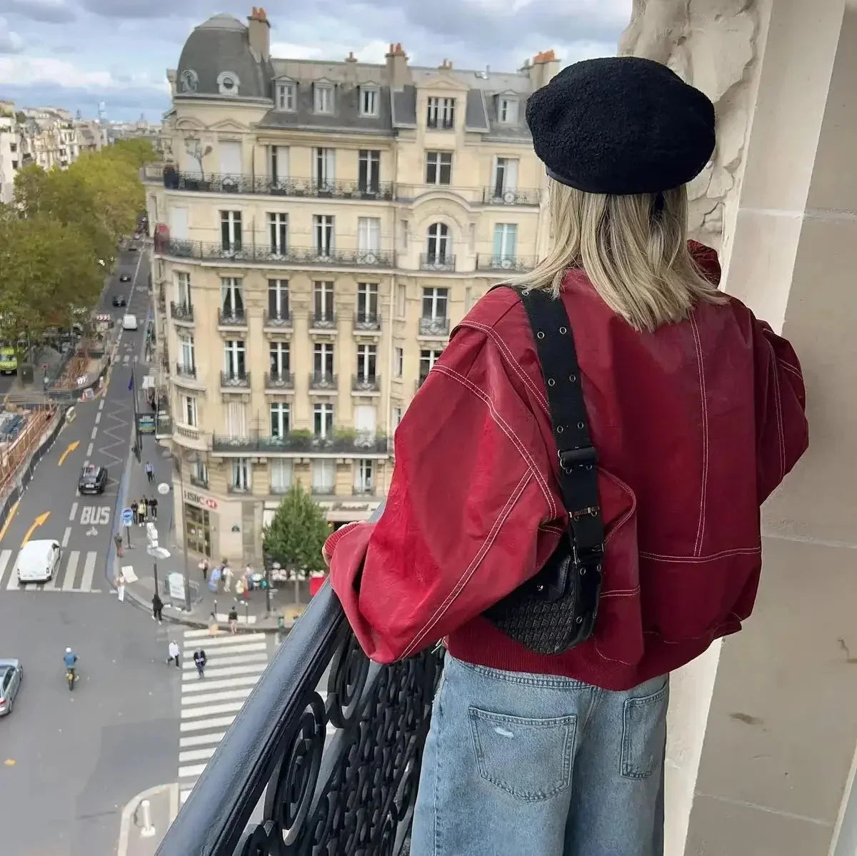 Oversized Bomber Jacket – Wine Red Ribbed Cuffs Zip-Front