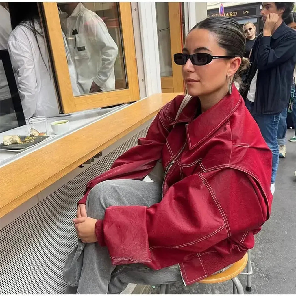 Oversized Bomber Jacket – Wine Red Ribbed Cuffs Zip-Front