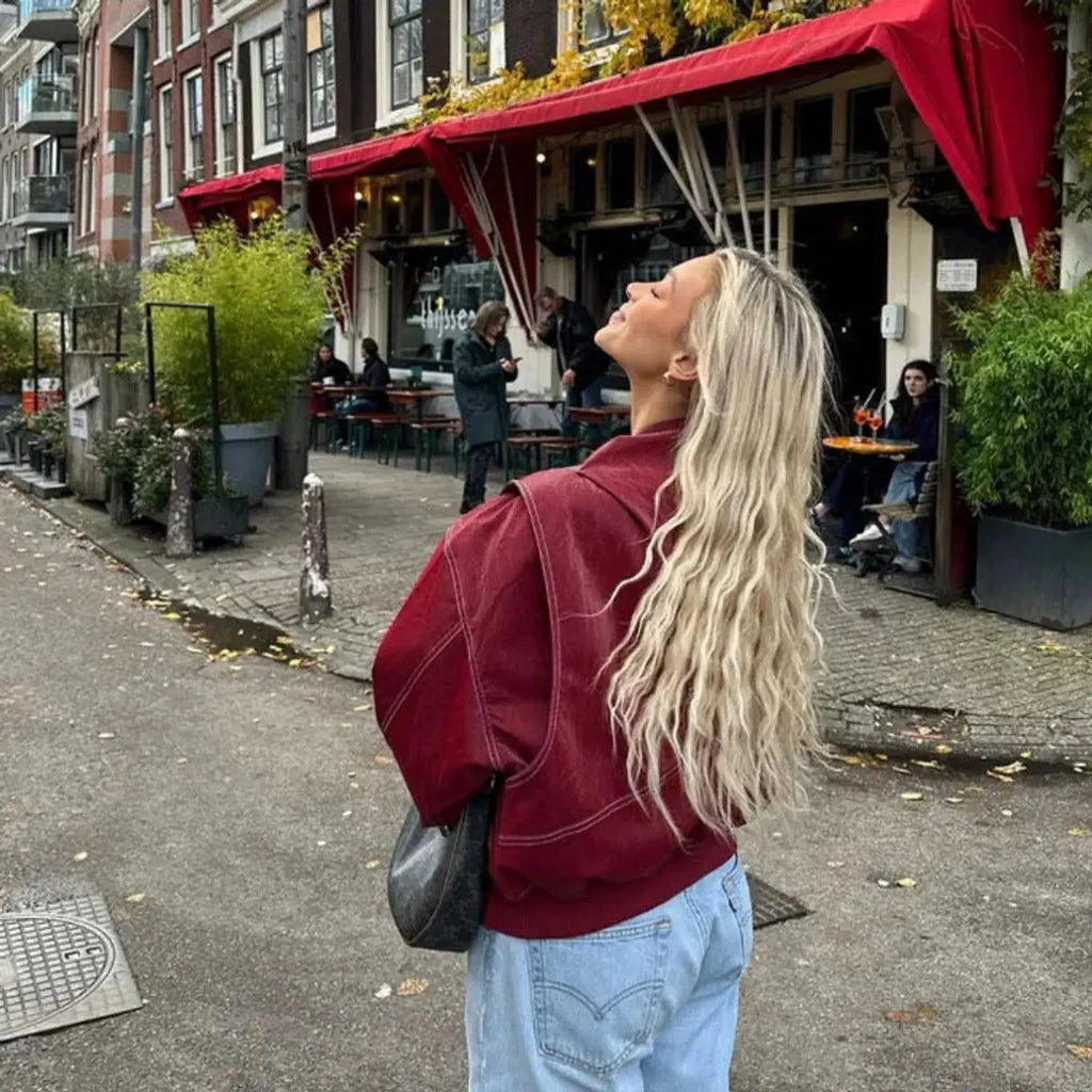 Oversized Bomber Jacket – Wine Red Ribbed Cuffs Zip-Front