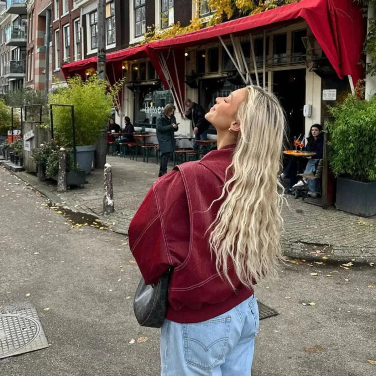 Oversized Bomber Jacket – Wine Red Ribbed Cuffs Zip-Front