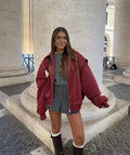Oversized Bomber Jacket – Wine Red Ribbed Cuffs Zip-Front