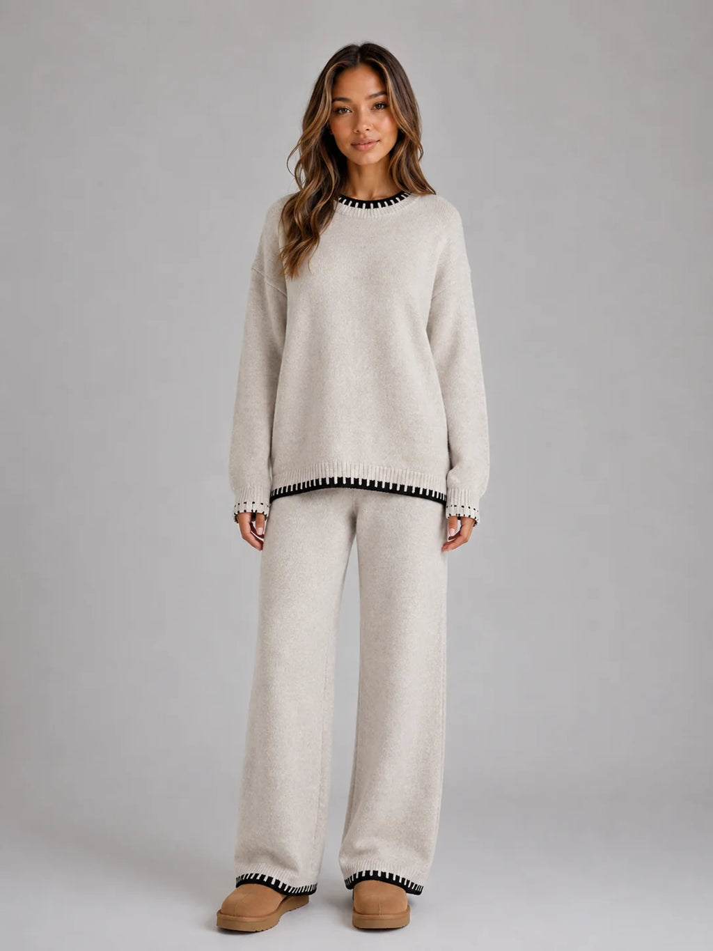 Pant Set – Beige Knit Jumper and Wide-Leg Trousers