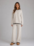 Pant Set – Beige Knit Jumper and Wide-Leg Trousers