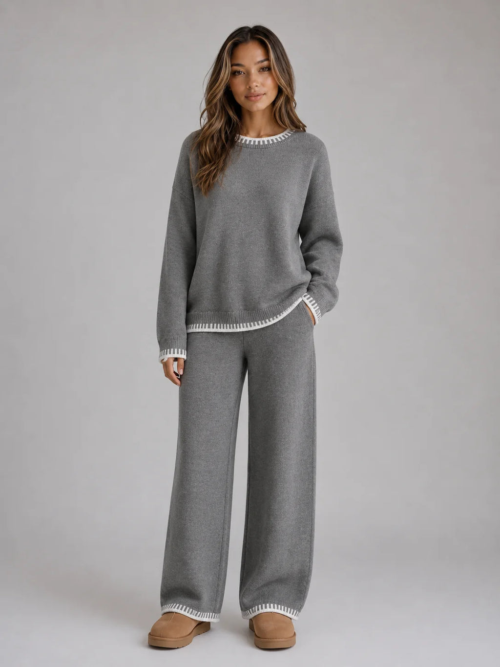 Pant Set – Beige Knit Jumper and Wide-Leg Trousers