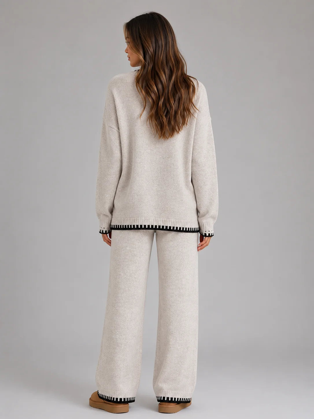 Pant Set – Beige Knit Jumper and Wide-Leg Trousers