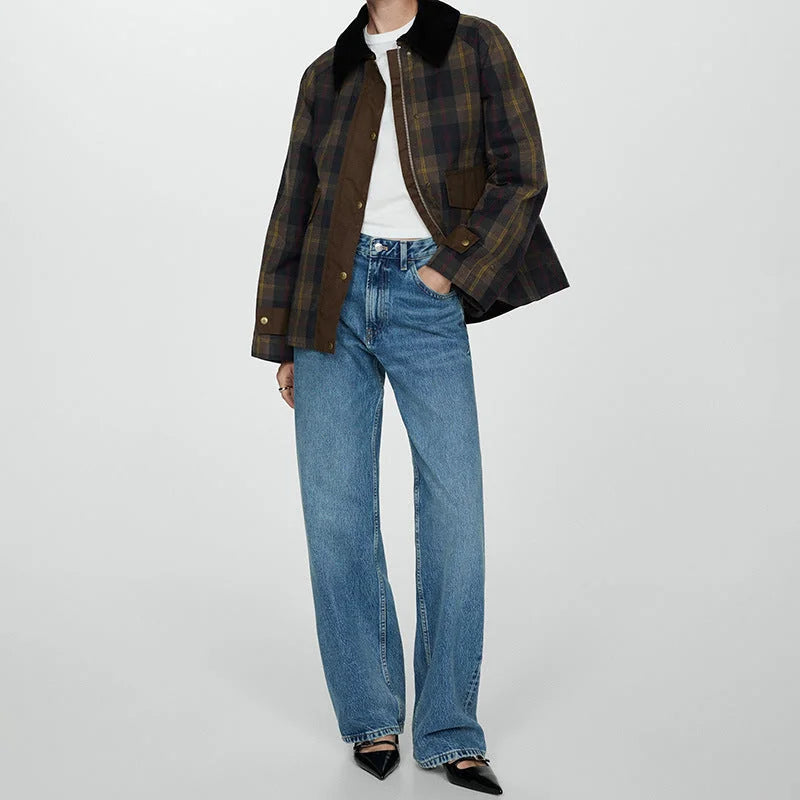 Plaid Jacket with Faux Fur Collar