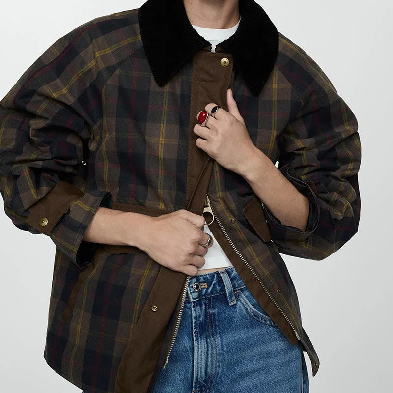 Plaid Jacket with Faux Fur Collar
