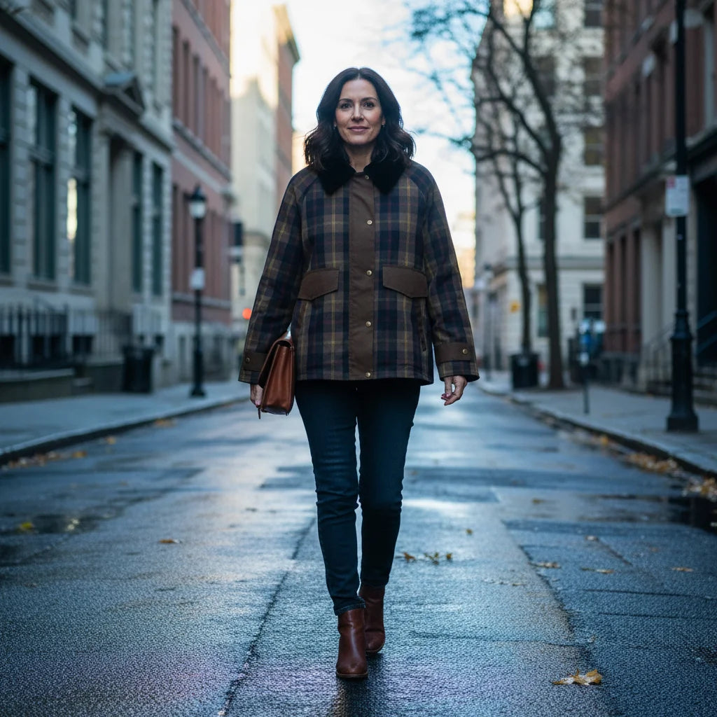Plaid Jacket with Faux Fur Collar