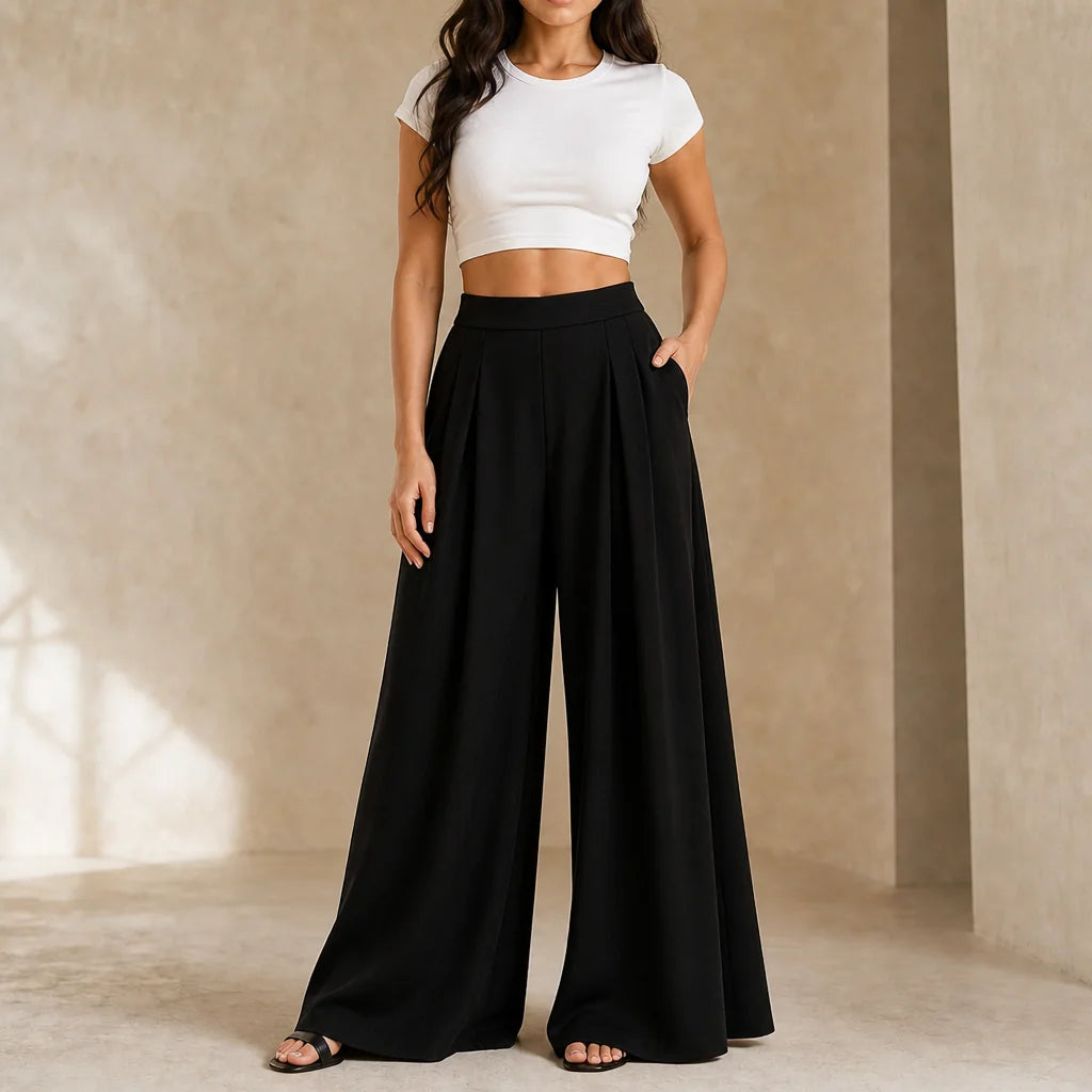 Pleated Wide-Leg Pants – White High-Rise Flowing Trousers