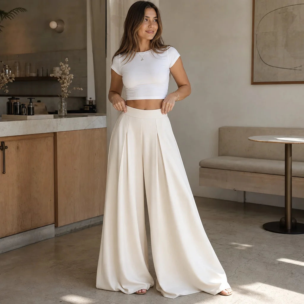 Pleated Wide-Leg Pants – White High-Rise Flowing Trousers