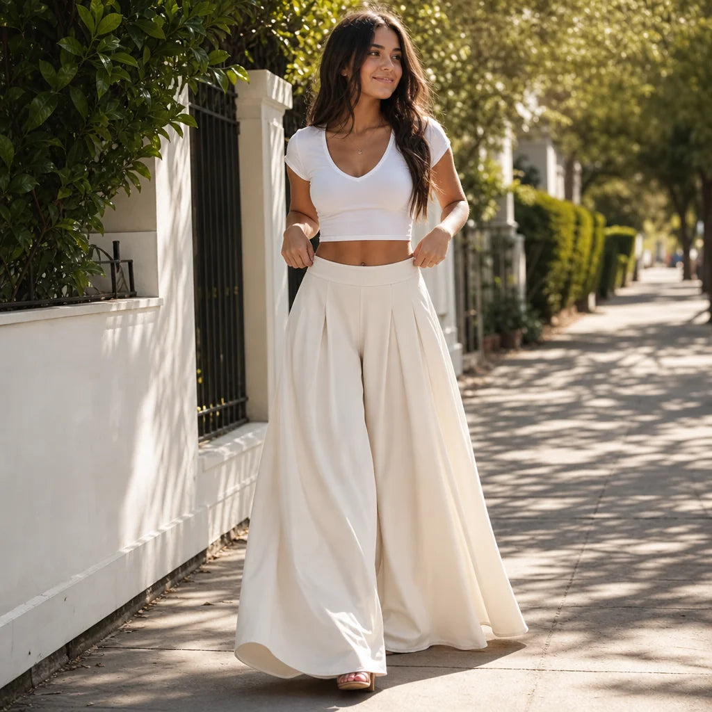 Pleated Wide-Leg Pants – White High-Rise Flowing Trousers